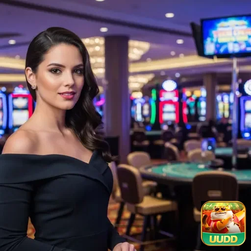 Jogadora em cassino da uudd ao fundo de slots.