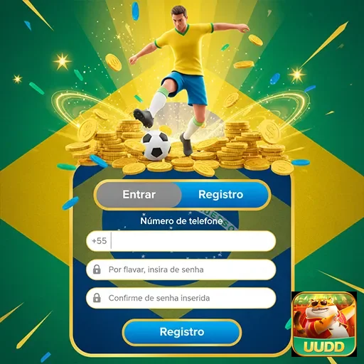 Tela de cadastro do uudd com jogador de futebol e moedas.