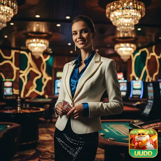 Funcionária elegante da uudd em cassino com mesas de jogos.