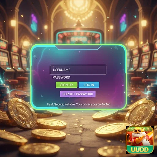 Tela de login do uudd com slots e moedas ao fundo.
