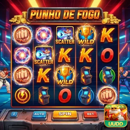 uudd exibe slot game Punho de Fogo com símbolos variados.