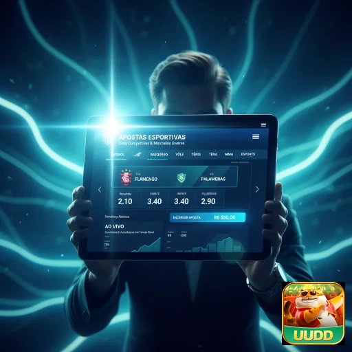 Apostador com tablet acessa o site uudd para apostas esportivas.