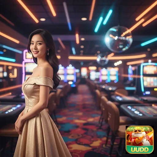 Jogadora em cassino online uudd com máquinas de slots ao fundo.